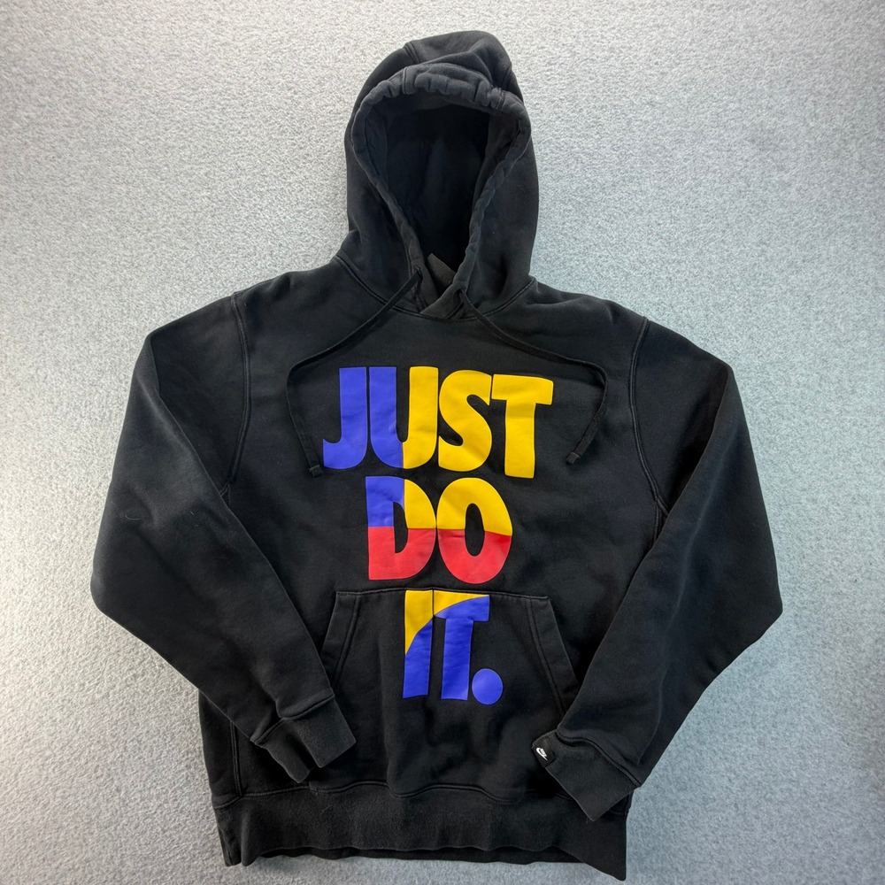 Nike Just Do It Hoodie Mens Medium Black Multicolor Graphic Pullover Sweatshirt